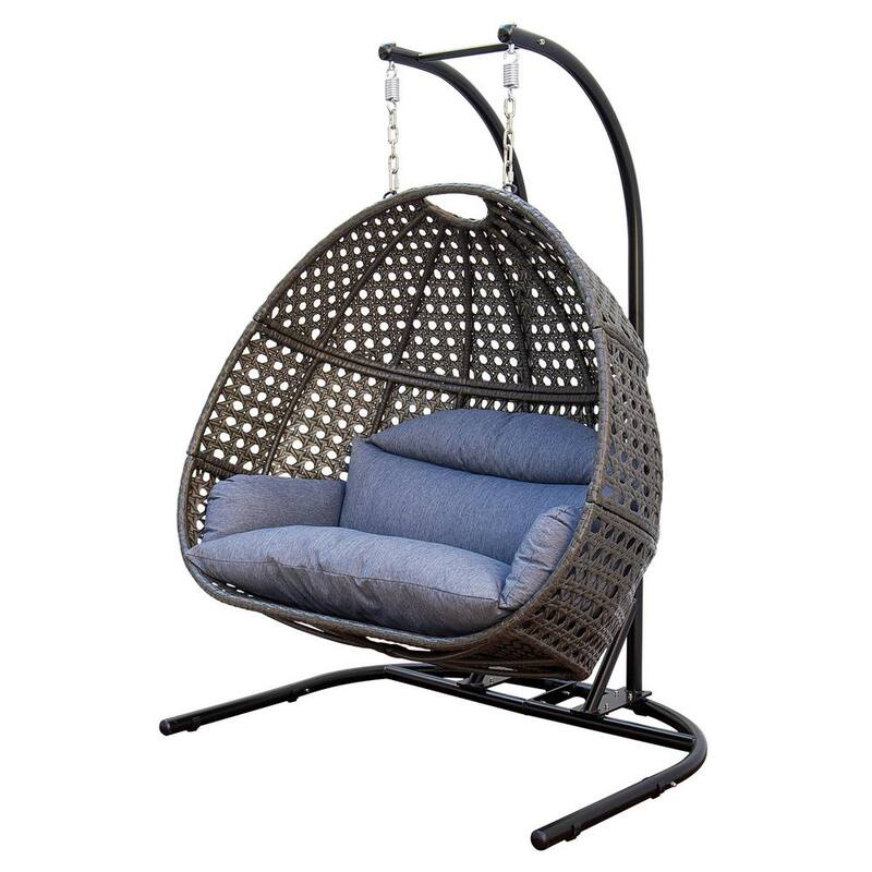 Black Wicker Round Shaped Patio Swing Outdoor Patio Egg Lounge Chair Swing 2 Person with Navy Cushion
