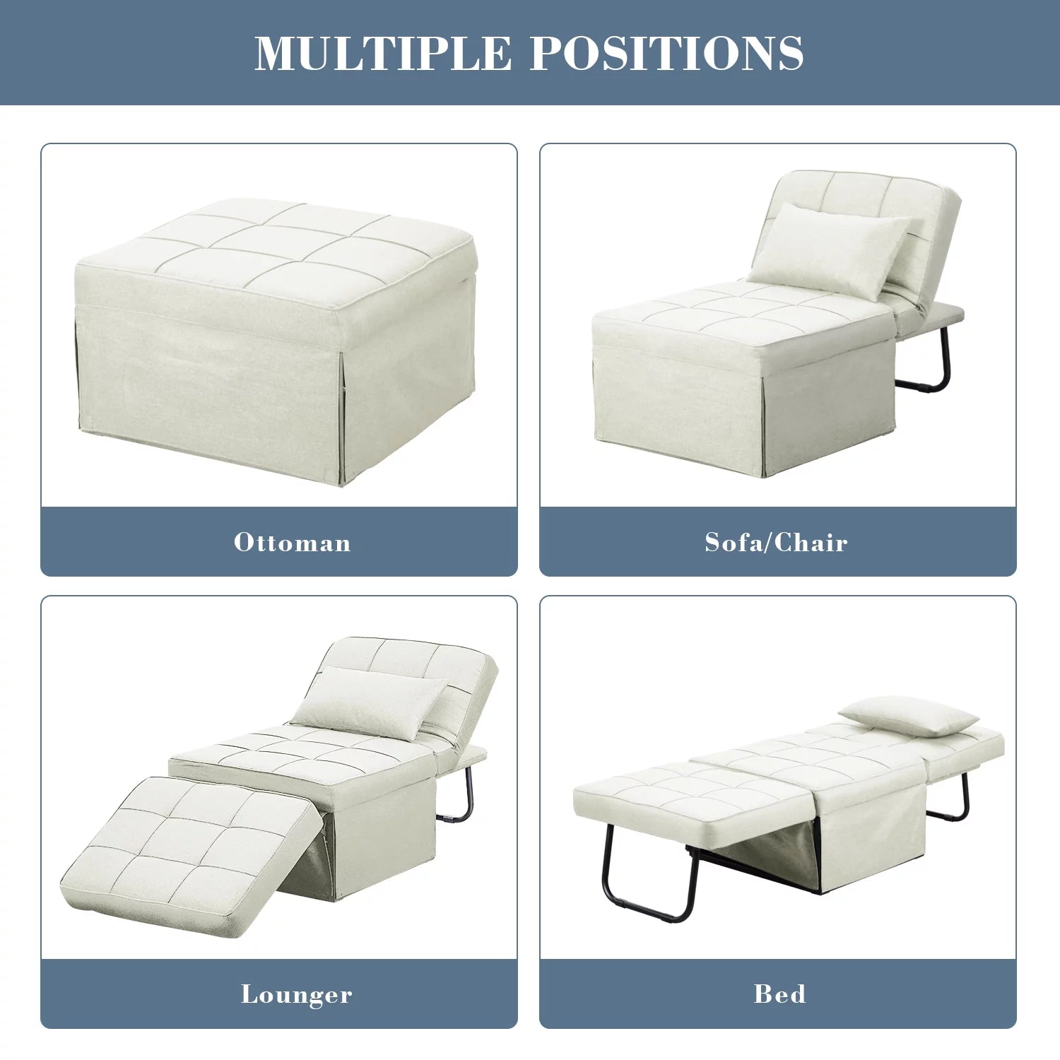 Ainfox Ottoman Chair Lounger Bed .4 in 1 Breathable Linen Convertible Single Sofa Couch, 73.23''L x 33.86''W(Dark Grey)(Beige)