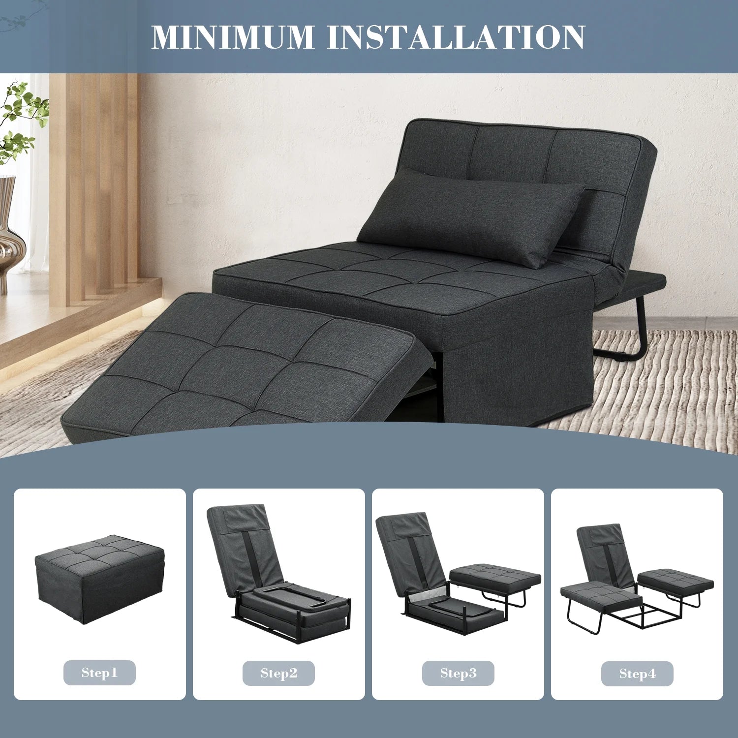 Ainfox Ottoman Chair Lounger Bed .4 in 1 Breathable Linen Convertible Single Sofa Couch, 73.23''L x 33.86''W(Dark Grey)(Beige)
