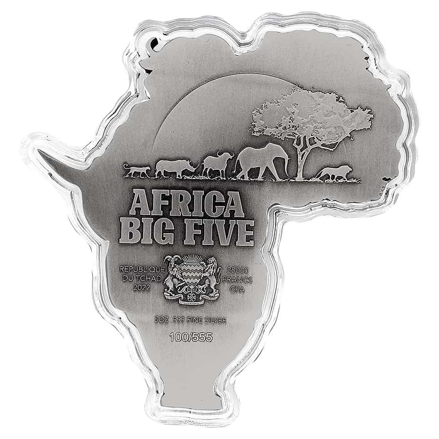 2022 Chad 5 oz Silver Big Five Africa Shaped High Relief Coin .999 Fine (w/Box)