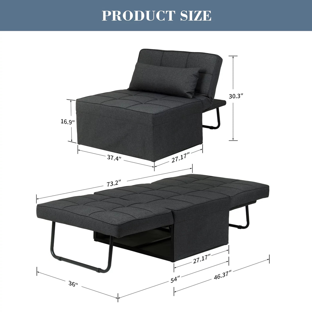Ainfox Ottoman Chair Lounger Bed .4 in 1 Breathable Linen Convertible Single Sofa Couch, 73.23''L x 33.86''W(Dark Grey)(Beige)