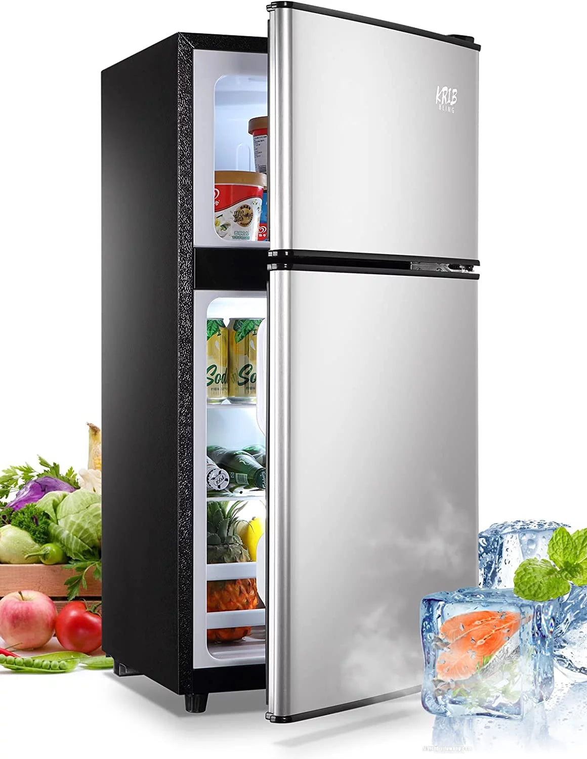KRIB BLING 3.5 Cu.ft Compact Refrigerator Mini Fridge with Freezer, 2 Door Small Refrigerator for Office, Silver