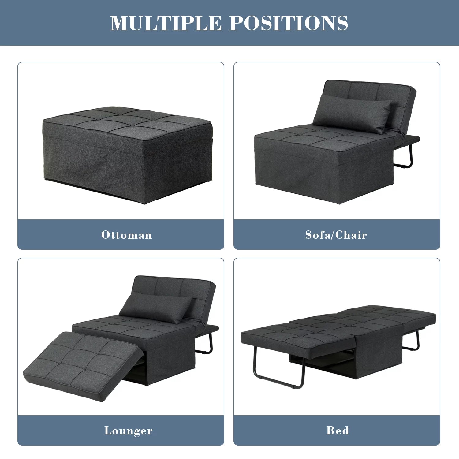 Ainfox Ottoman Chair Lounger Bed .4 in 1 Breathable Linen Convertible Single Sofa Couch, 73.23''L x 33.86''W(Dark Grey)(Beige)