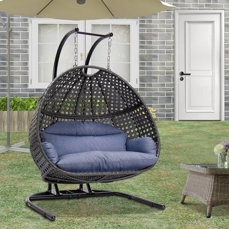 Black Wicker Round Shaped Patio Swing Outdoor Patio Egg Lounge Chair Swing 2 Person with Navy Cushion