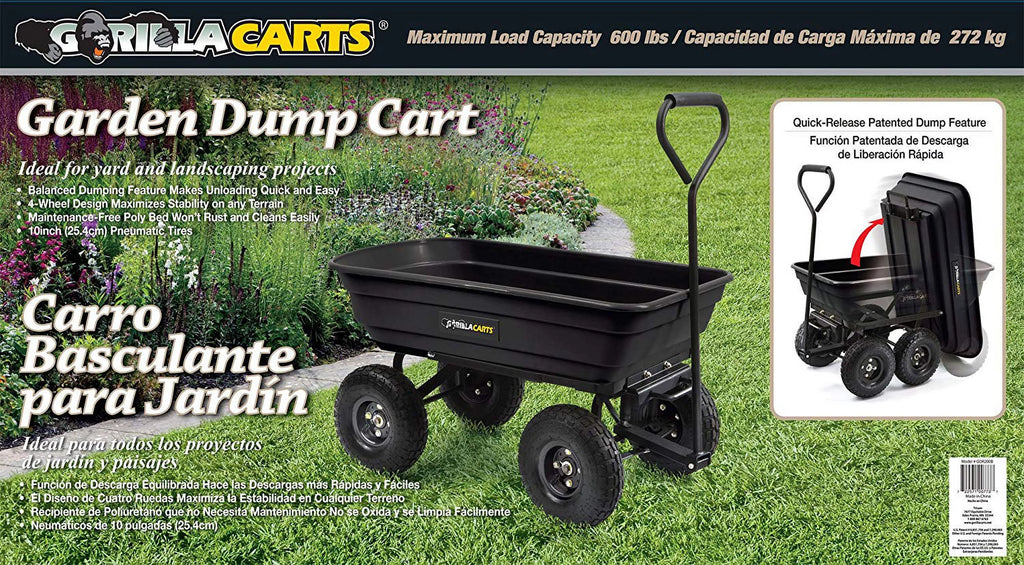 Gorilla Carts GOR200B Poly Garden Dump Cart with Steel Frame and 10-Inch Pneumatic Tires, 600-Pound Capacity, 36-Inch by 20-Inch Bed, Black Finish