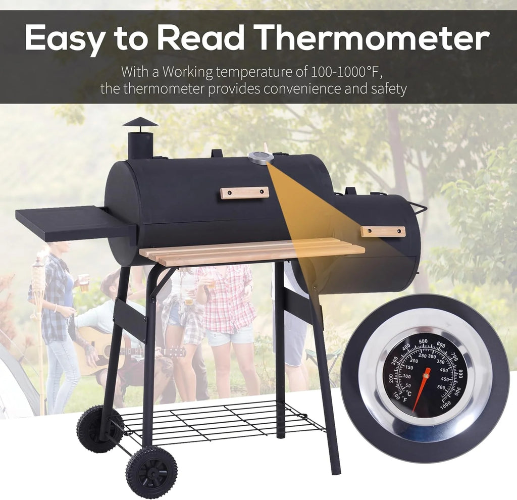 48" Portable Barrel Charcoal BBQ Grill, Steel Outdoor Barbecue Smoker with 232 Square Inches Cooking Space, Storage Shelf, Wheels for Garden Camping Picnic, Black