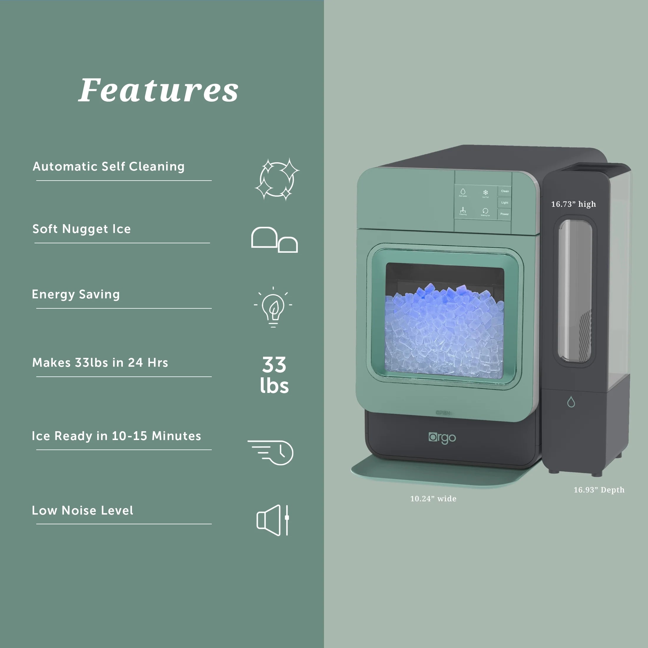 Orgo Products Sonic Countertop Ice Maker, Nugget Ice Type, Sage