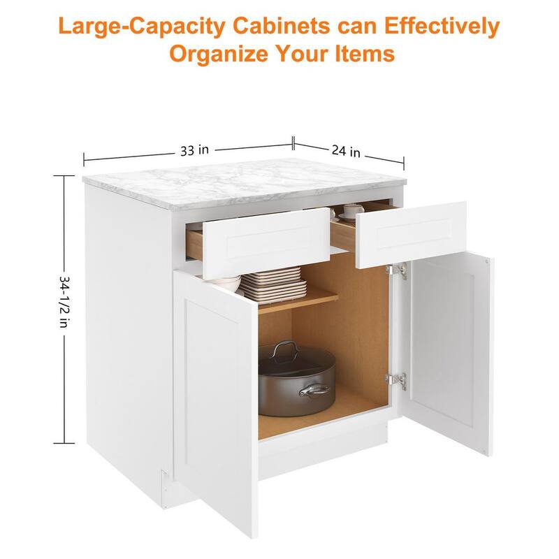 33 in. W x 24 in. D x 34.5 in. H in Shaker White Plywood Ready to Assemble Base Kitchen Cabinet with 2-Drawers 2-Doors