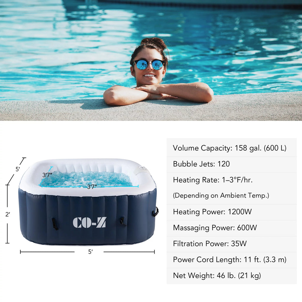 CO-Z 5x5ft PVC Square Inflatable Spa Tub &amp; 120 Massaging Jets for Patio &amp; More for 4-person Blue