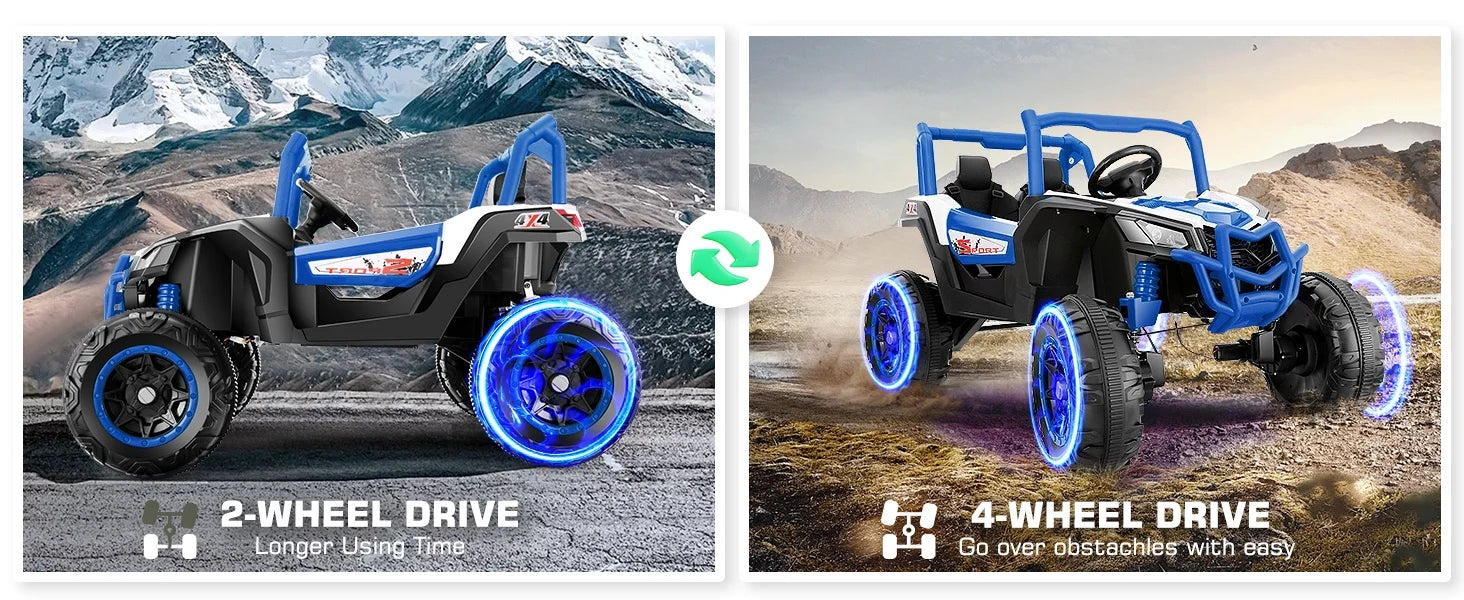 Funcid 4WD 24V Ride on Toys 2 XL Seater Kids Ride on Cars w/ Remote Control, 4*200W Motor, Electric Off-Road UTV 7AH Battery Powered 4-Wheeler Vehicle w/ Bluetooth, Music, 3-Speed, LED Light, Blue