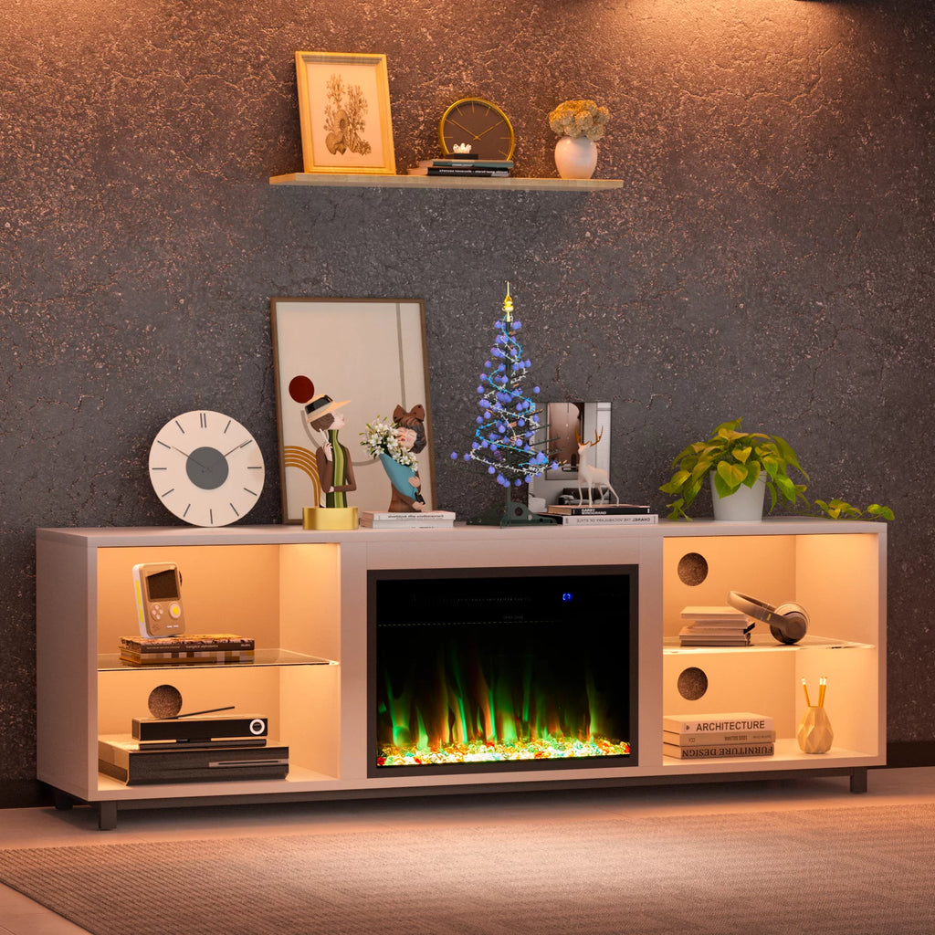 Oneinmil 68'' Fireplace TV Stand for 75'' TV, with 23" Electric Fireplace, LED Light Entertainment Center, White
