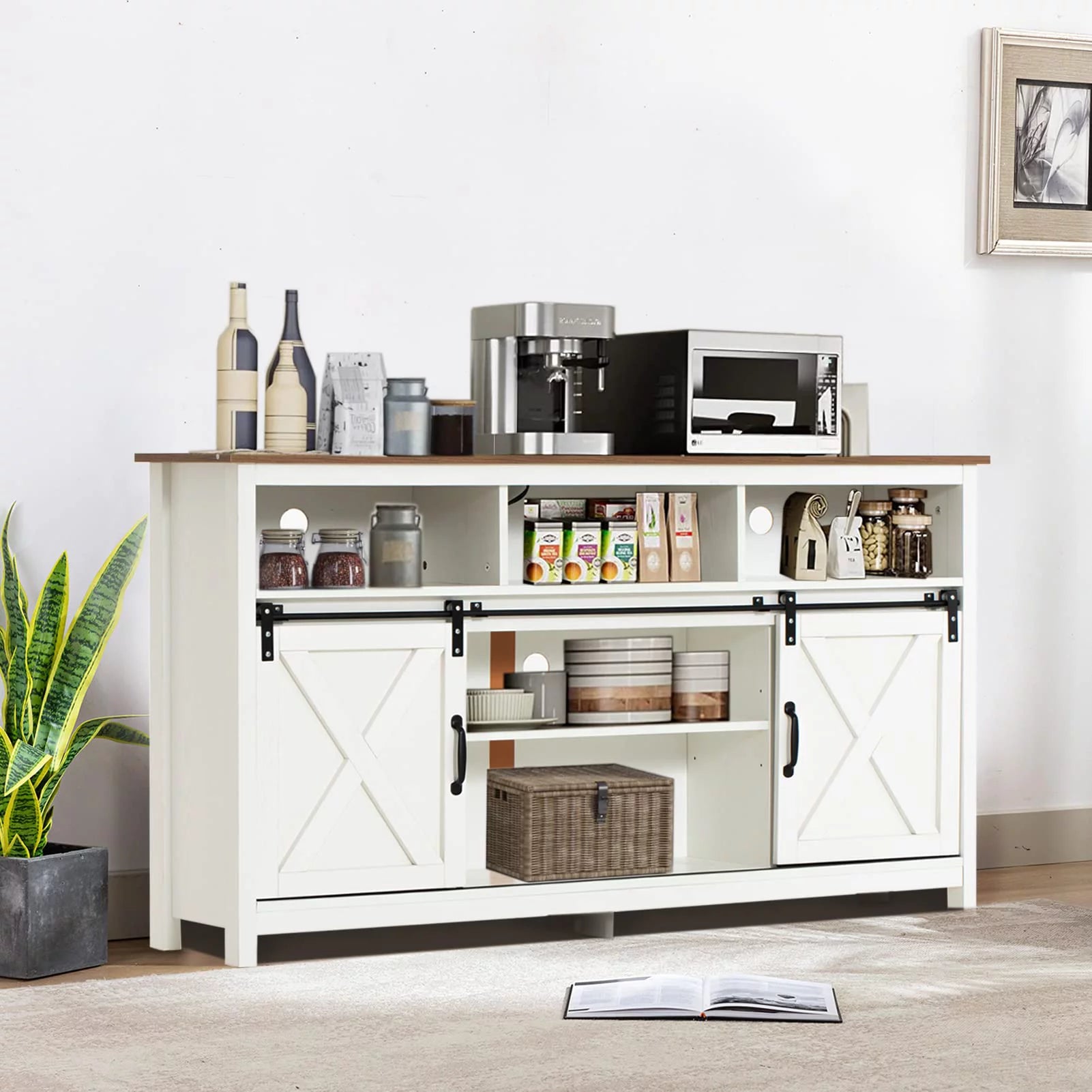 4 Layer Farmhouse Coffee Bar Cabinet With Power Outlet & LED Light, 57" Barn Door Buffet Cabinet Kitchen Storage With Adjustable Shelves(Brown)