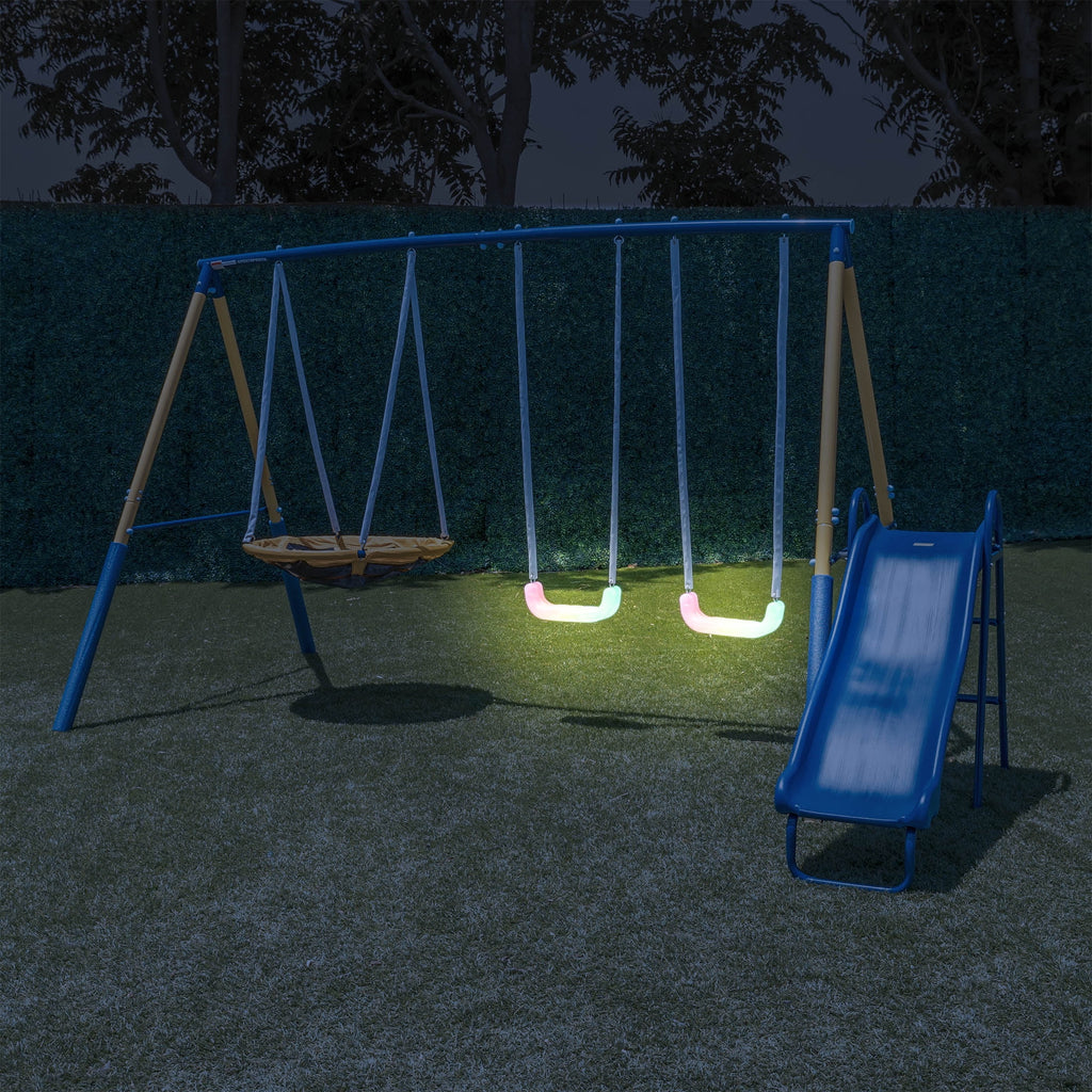 Sportspower Starlight Metal Swing Set with 2 LED Swings, Saucer Swing, and Lifetime Warranty on Blow Molded Slide
