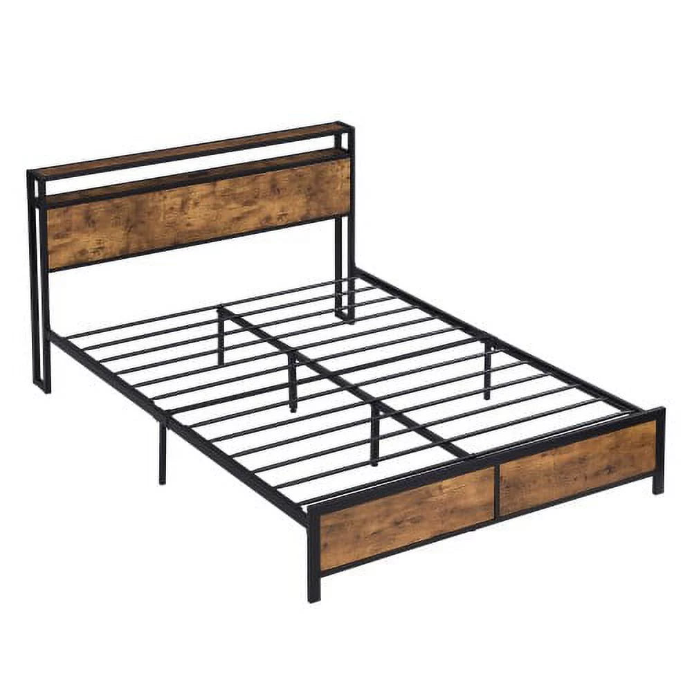 Full Bed Frame with LED Lights,Full Size Bed Frame with Headboard Storage,Platform Bed Frame with Outlets and 2 USB Ports,Metal Bed Frame with Storage,Noise Free,No Box Spring Needed,Antique Brown