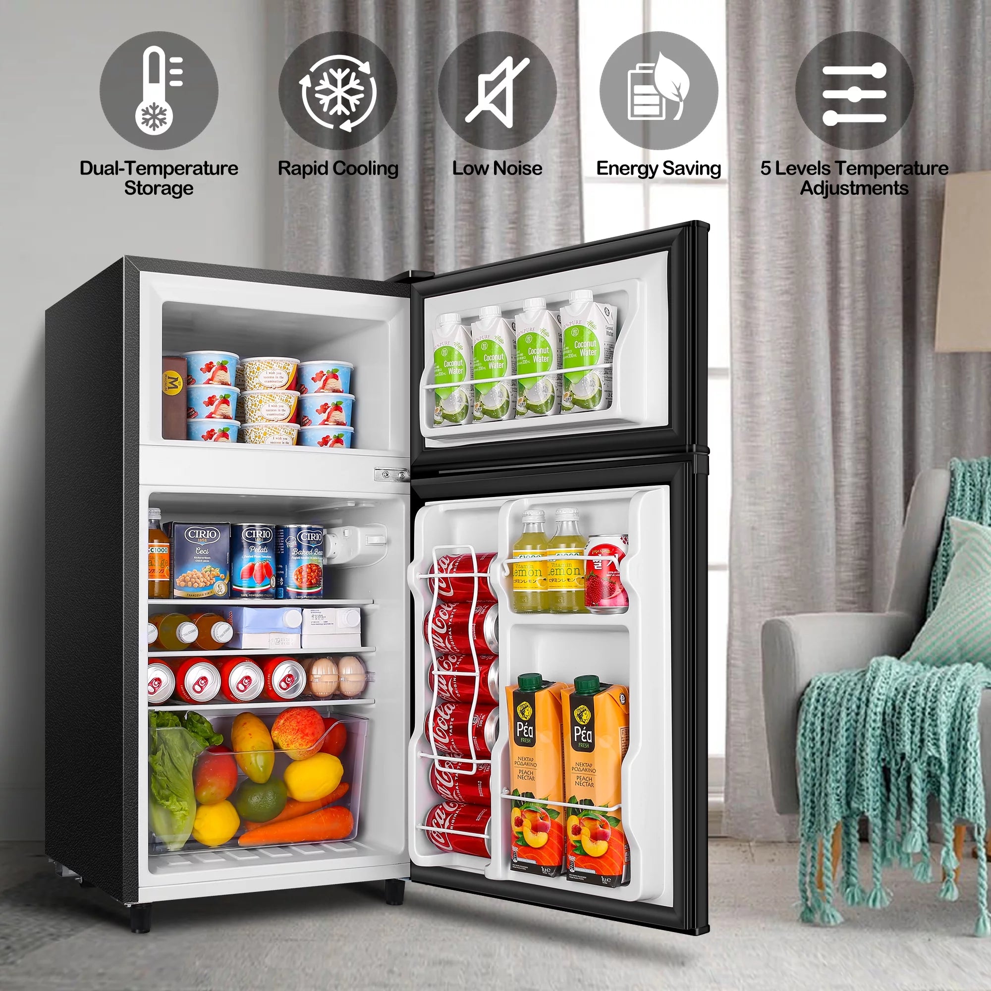 WANAI 3.5 Cu ft Two Door Mini Fridge with Freezer, Silvery