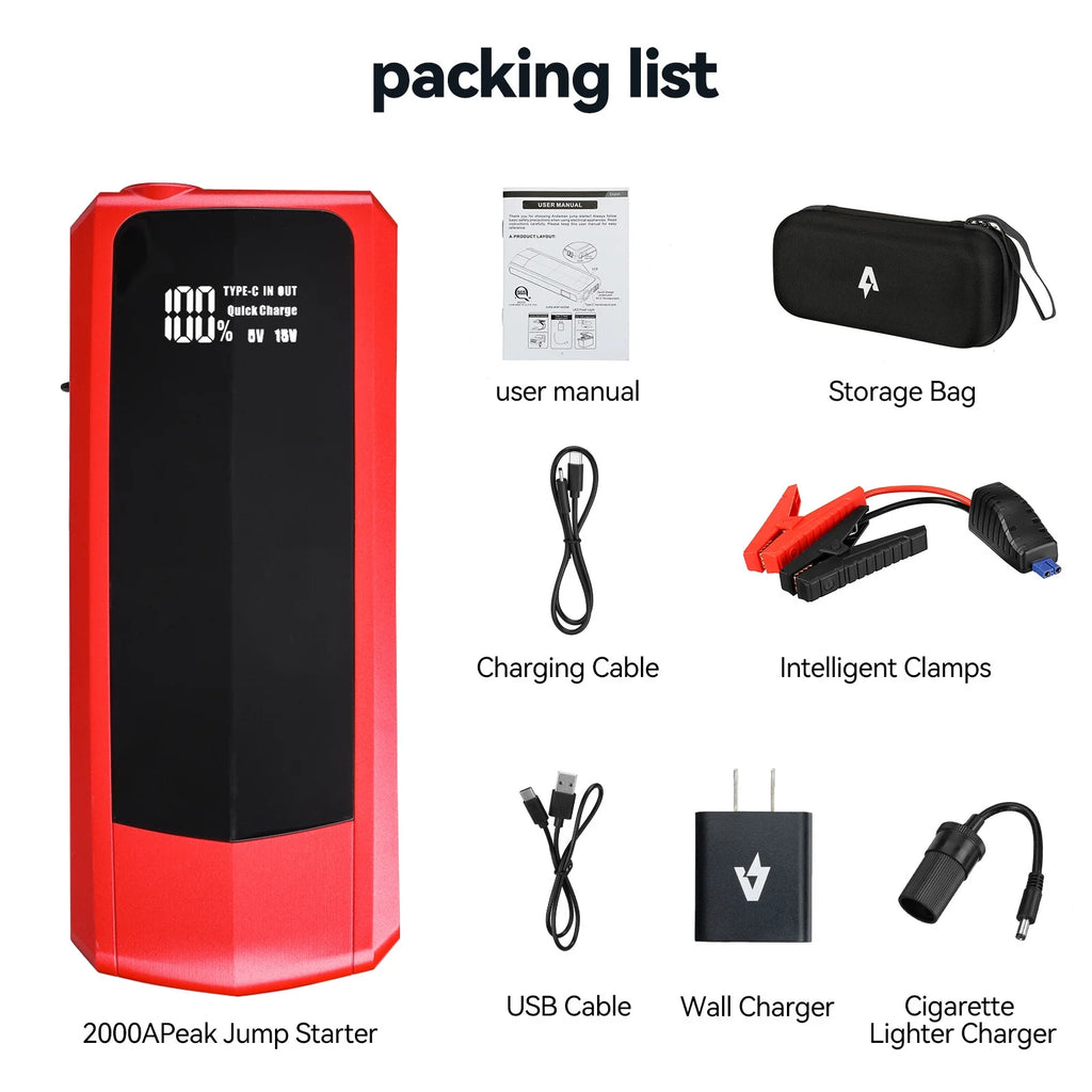 Audew (Andeman) Car Jump Starter, 2000A Peak 20000mAh Battery Jump Starter, Start Any Gas Engine or up to 8.5L Diesel Engine, 12V Car Jumper, Battery Booster Power Pack, Quick Charge 3.0 Ports, Red