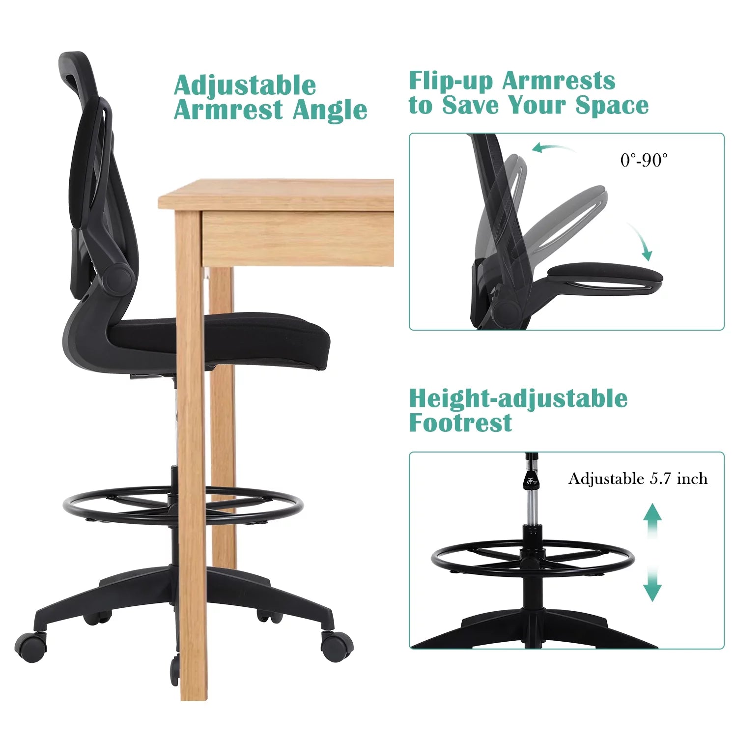 Drafting Chair for Standing Desk, Tall Office Chair with Flip-Up Arm& Foot Ring, Adjustable Height Ergonomic Mid-Back Mesh Drafting Stool, Executive Rolling Chair for Office Home, Black