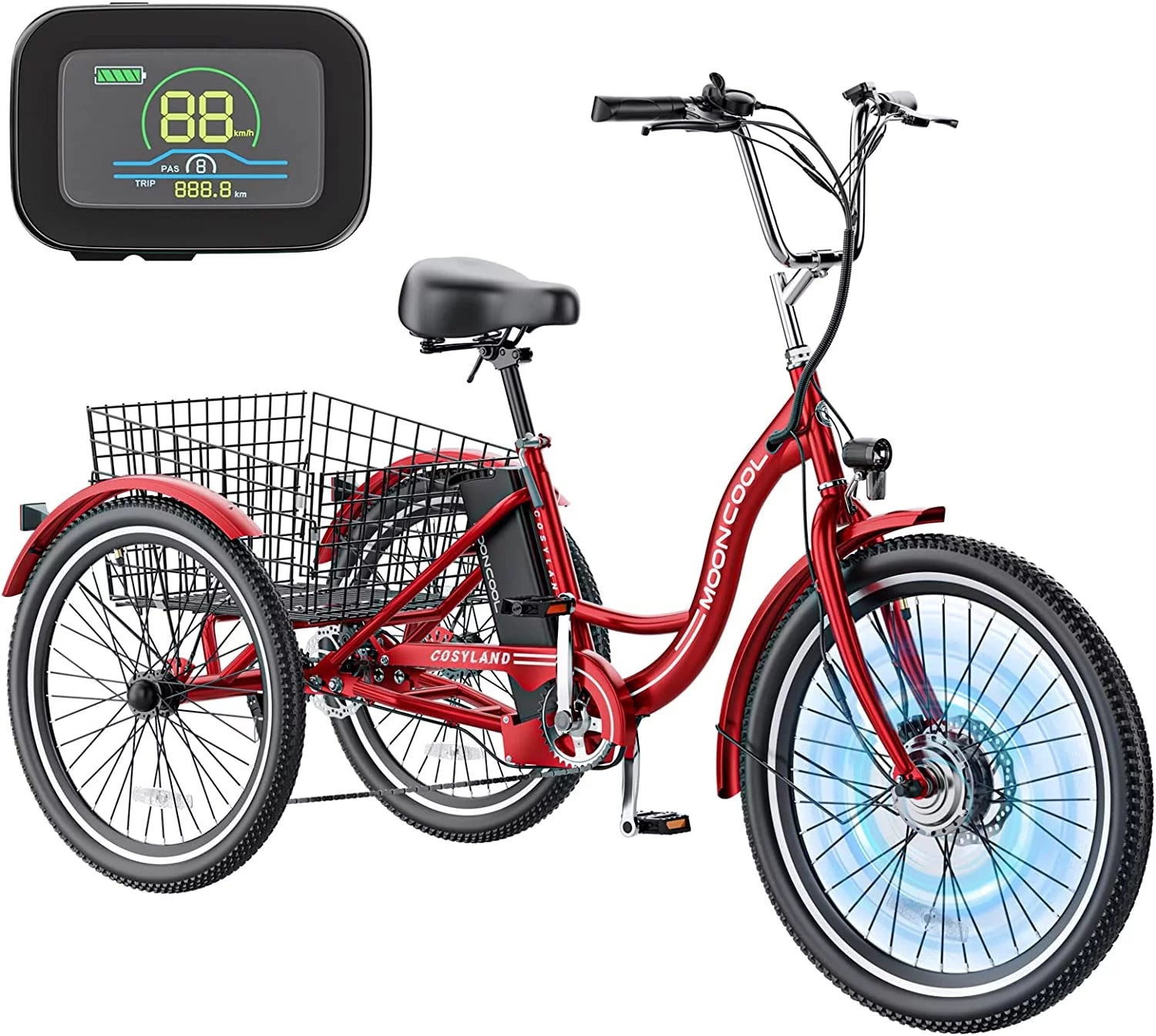 MOONCOOL 24"/26" Electric Tricycle for Adults, 350W 36V 7 Speeds Electric Trike Motorized Three Wheel Electric Bikes Bicycle with Large Basket for Women Men