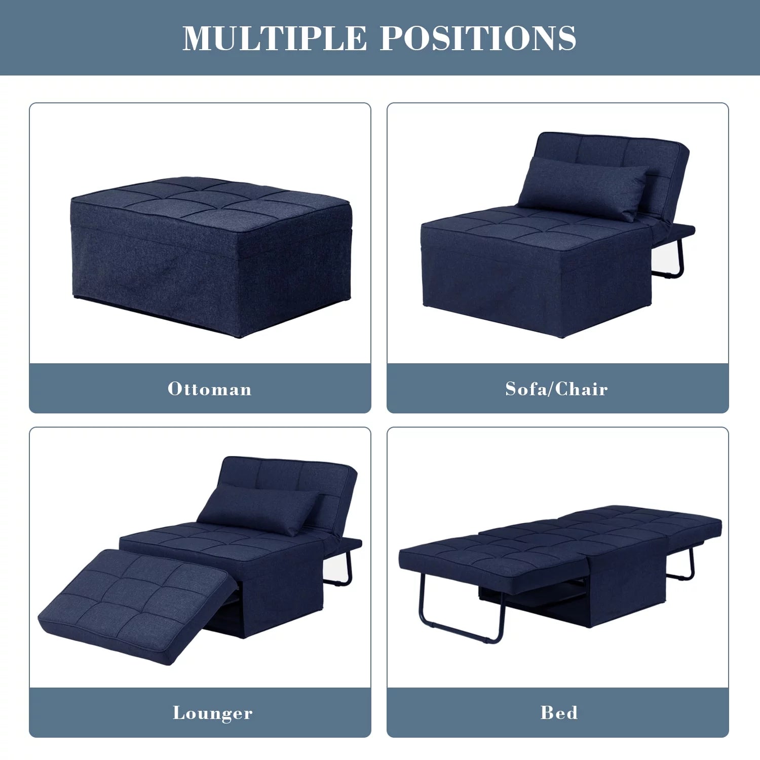 Ainfox Ottoman Chair Lounger Bed .4 in 1 Breathable Linen Convertible Single Sofa Couch, 73.23''L x 33.86''W(Dark Blue)
