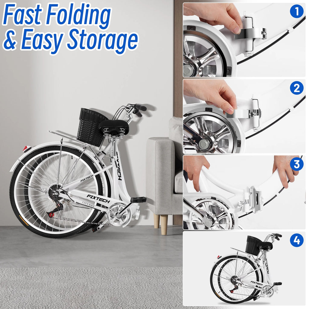 FIXTECH 26 Inch 7 Speed Foldable City Bike, Cruiser Bike, Carbon Steel Bicycle for Adults, White