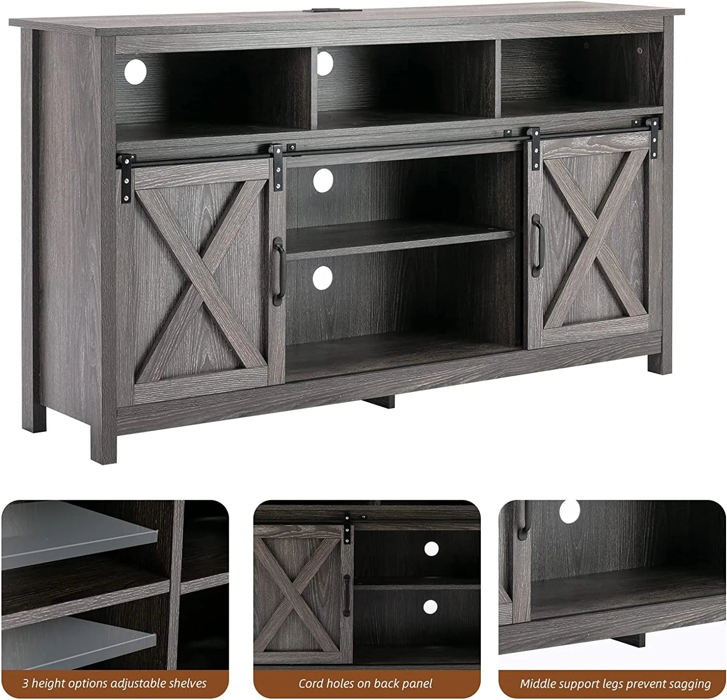 4 Layer Farmhouse Coffee Bar Cabinet With Power Outlet & LED Light, 57" Barn Door Buffet Cabinet Kitchen Storage With Adjustable Shelves(Brown)