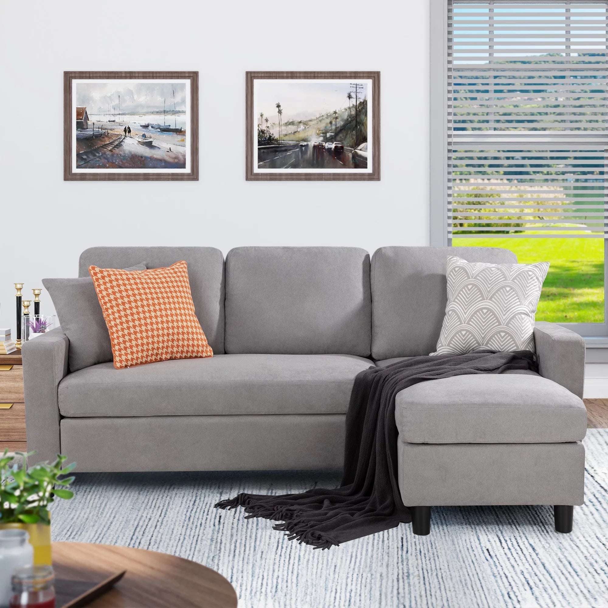 Walsunny Linen Fabric Convertible L-Shaped Sectional Sofa(Dark Gray)