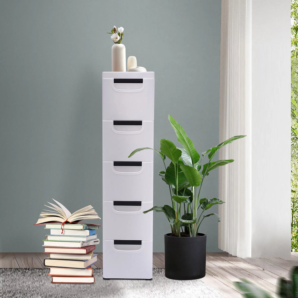 Fichiouy Vertical Tall Dresser Storage Tower Fabric Organizer Wardrobe with 5 Drawers White
