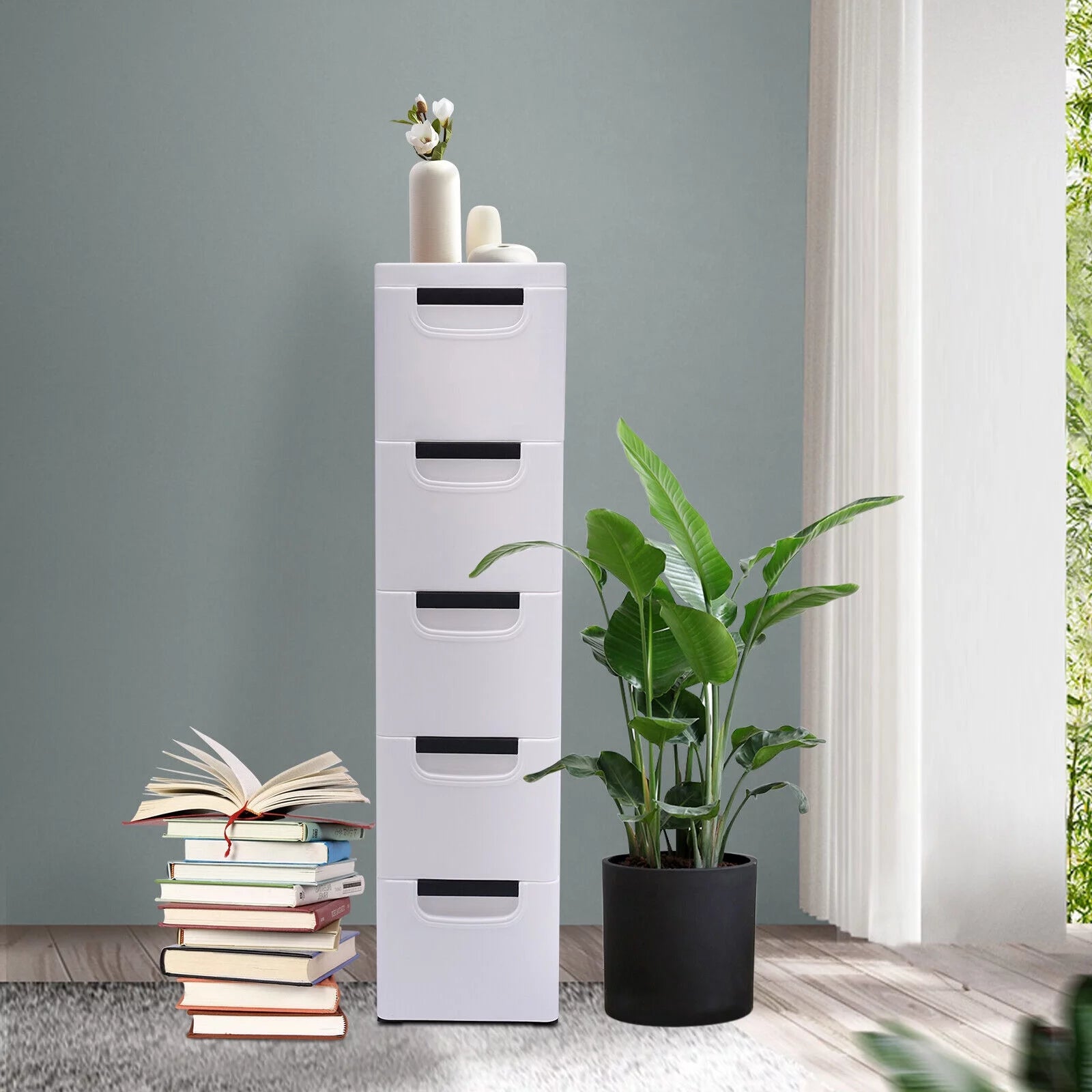 Fichiouy Vertical Tall Dresser Storage Tower Fabric Organizer Wardrobe with 5 Drawers White