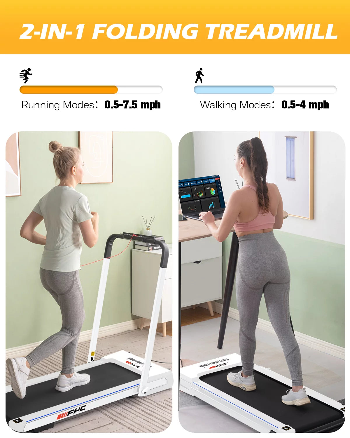 FYC 3.5HP Under Desk Treadmill - 300LBS Weight Capacity, 2-in-1 Foldable Design, Remote Control & LED Display - Compact Electric Walking and Running Machine for Walking, Running, Jogging (White)