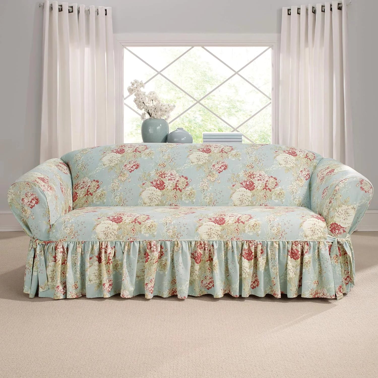 SURE FIT Waverly Ballad Bouquet 1 Piece Sofa Slipcover in Robin's Egg,Blue
