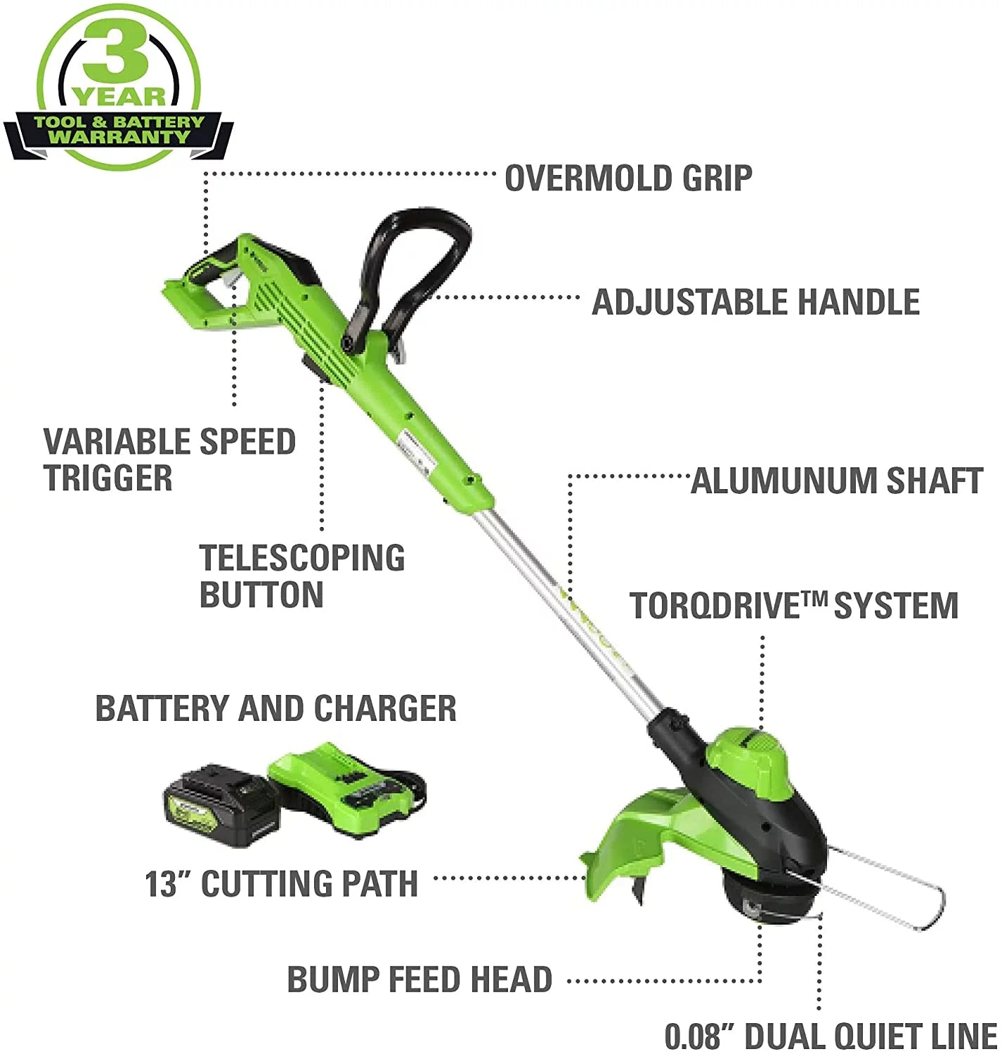 Greenworks 24V 13" Brushless Torqdrive™ String Trimmer with 4Ah USB Battery and Charger 2118202AZ