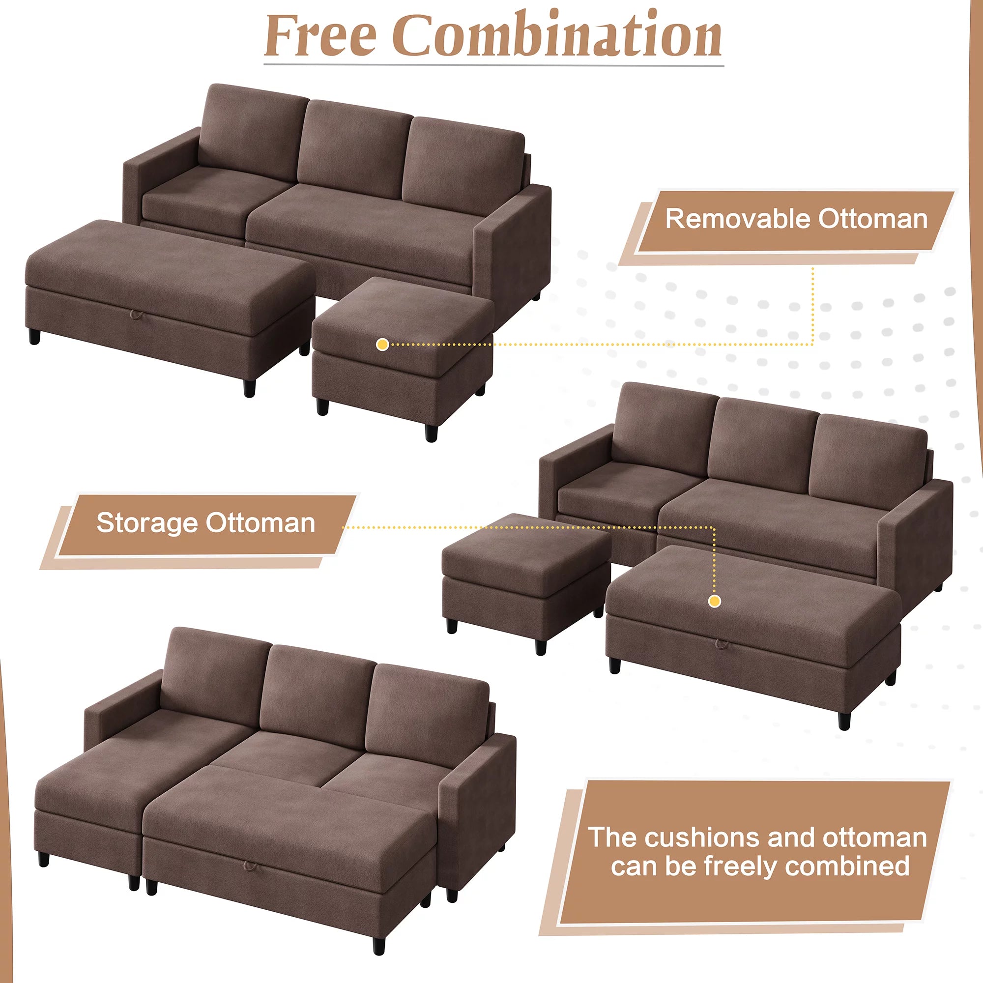 Walsunny Linen Fabric Convertible L-Shaped Sectional Sofa(Dark Gray)