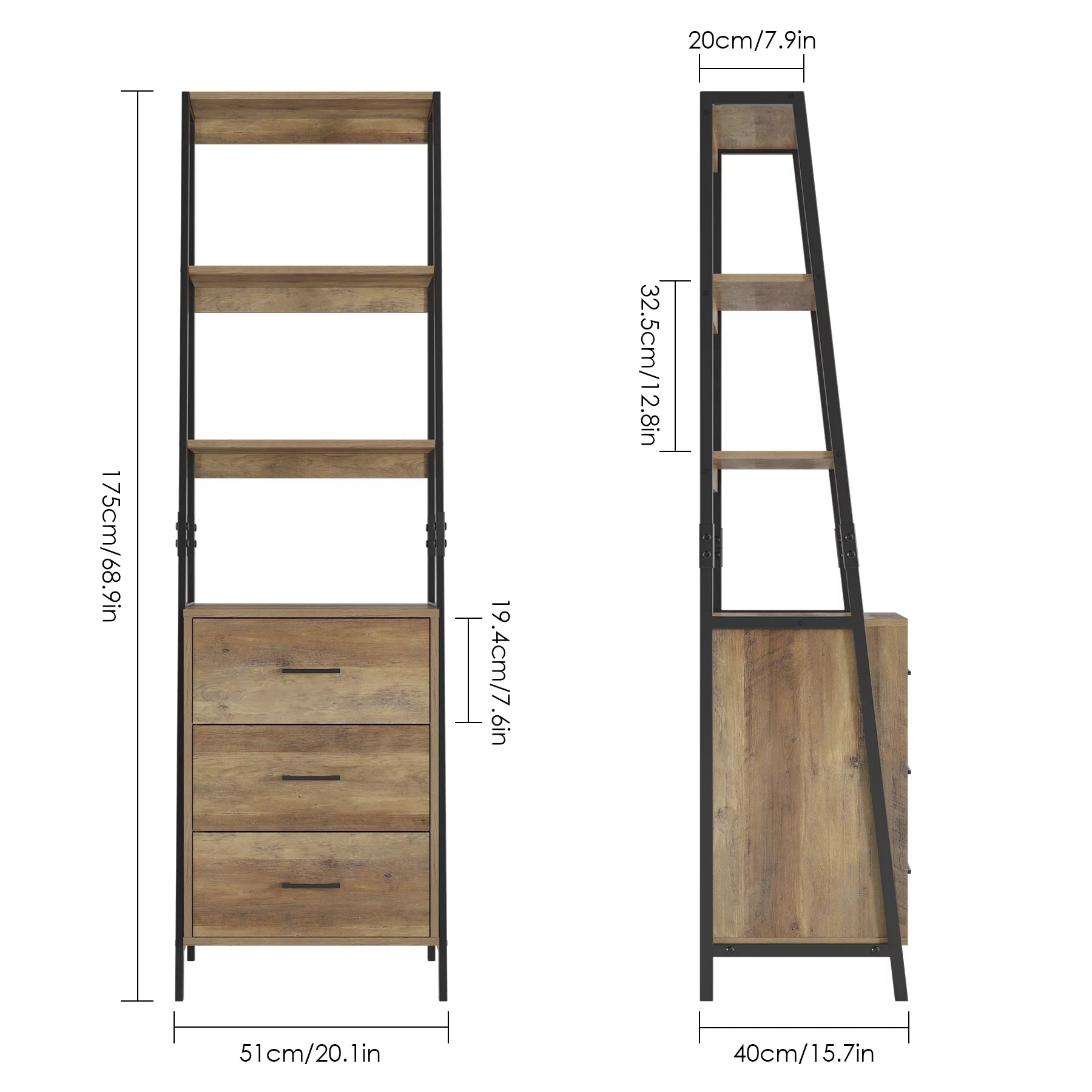 Homfa 3 Drawers Ladder Bookshelf, 3 Tier Open Storage Shelves for Office Living Room, Rustic Brown