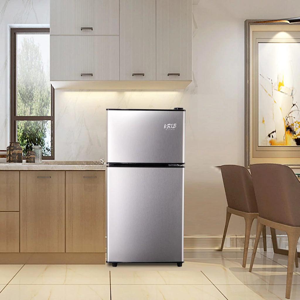 KRIB BLING 3.5 Cu.ft Compact Refrigerator Mini Fridge with Freezer, 2 Door Small Refrigerator for Office, Silver
