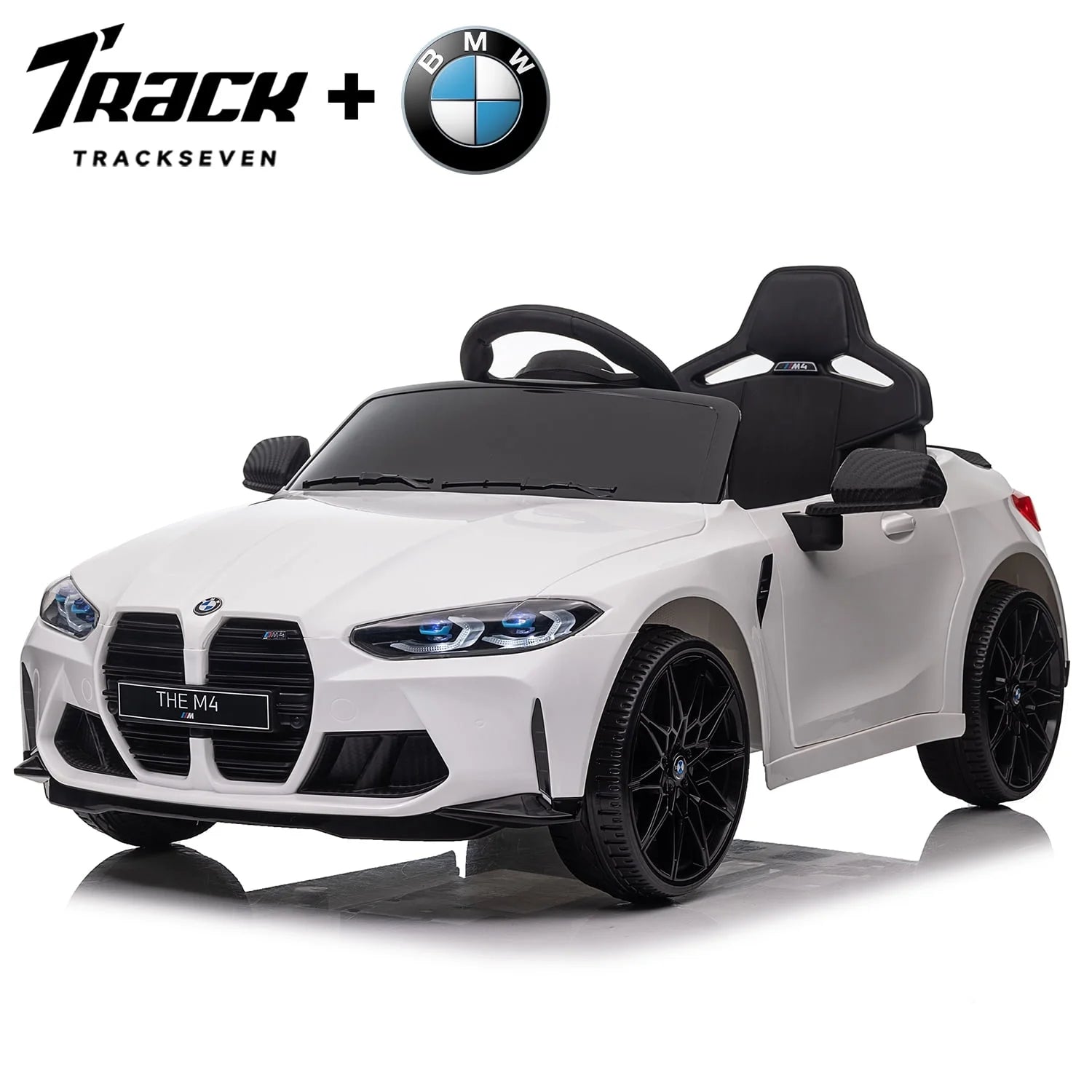 Track 7 12V Ride on Car, Licensed BMW M4 Electric Car, Kids Ride on Car with Remote Control, Bluetooth, Lights, Portable Handle, White