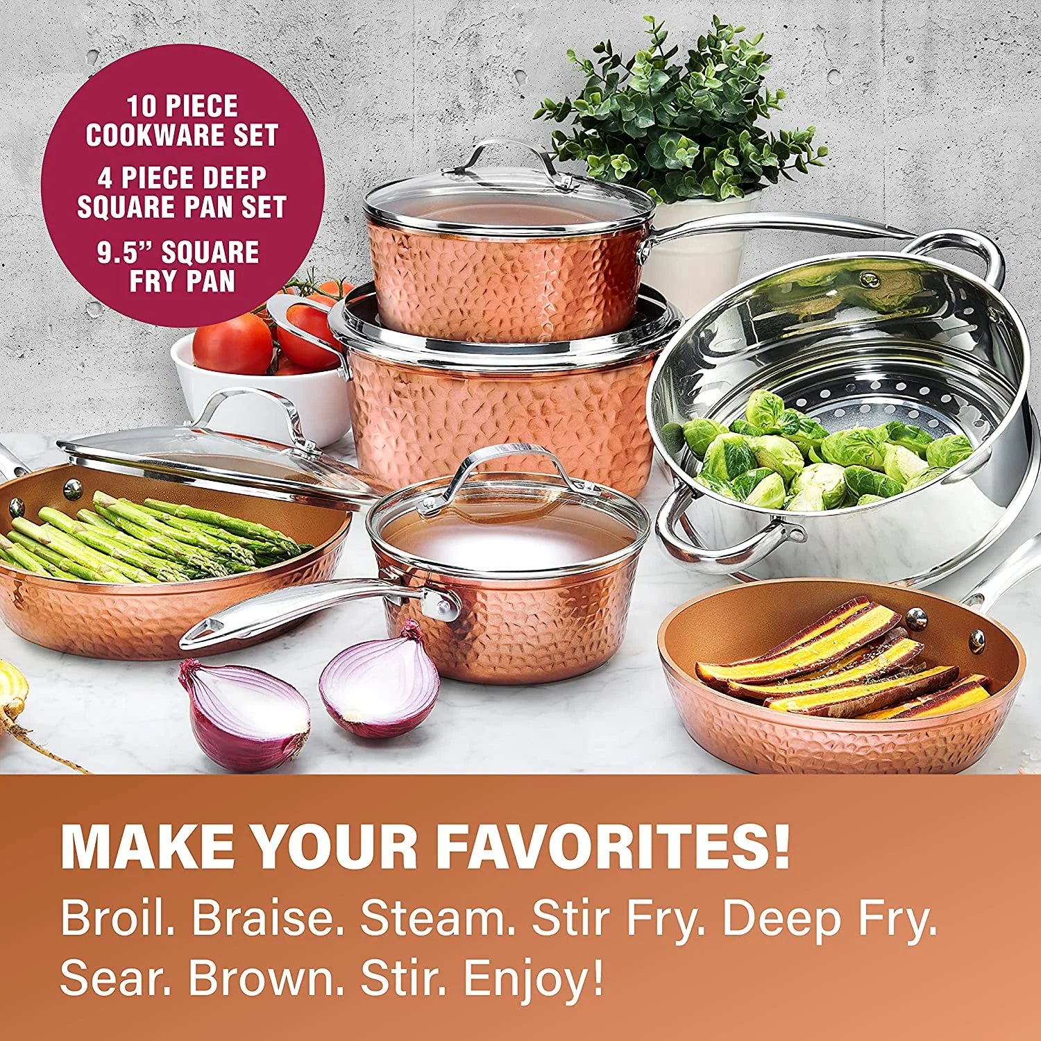 Gotham Steel Hammered Copper Collection – 20 Piece Premium Cookware & Bakeware Set with Nonstick Copper Coating, Includes Skillets, Stock Pots, Deep Square Fry Basket, Cookie Sheet and Baking Pans