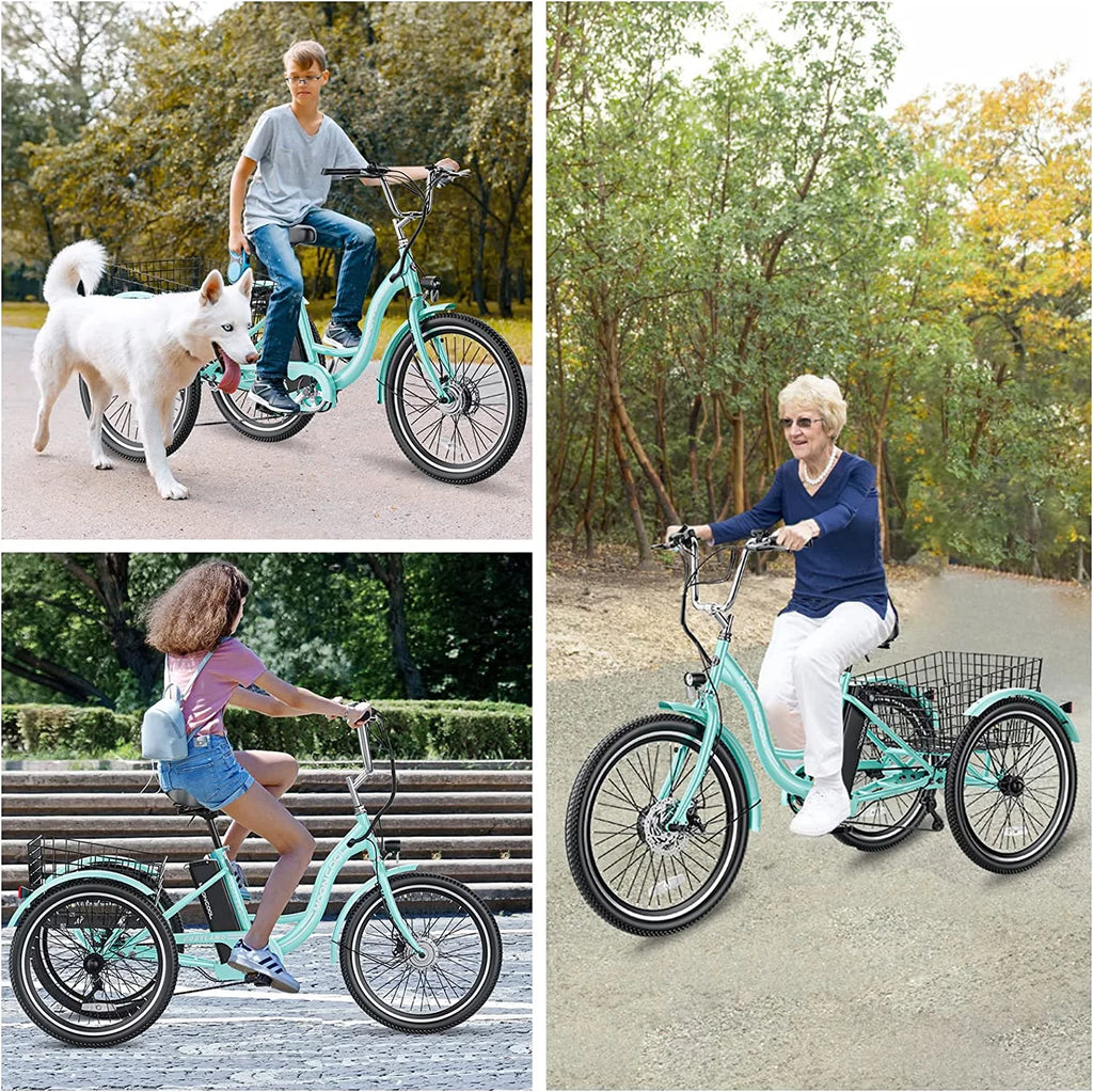 Mooncool 24" 26" 3 Wheel Electric Tricycle for Adults, 350W 36V 7 Speeds Motorized Electric Trike Three Wheel Electric Bikes Bicycle with Large Basket & Accessories for Women Men