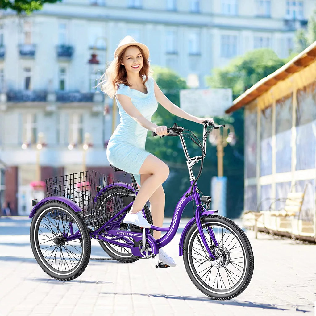 Mooncool 24" 26" 3 Wheel Electric Tricycle for Adults, 350W 36V 7 Speeds Motorized Electric Trike Three Wheel Electric Bikes Bicycle with Large Basket & Accessories for Women Men