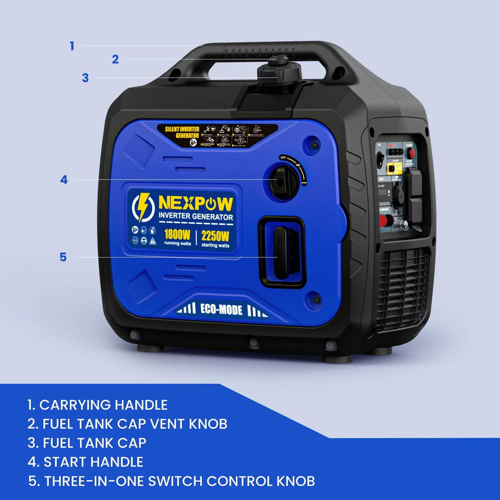 NEXPOW Portable Inverter Generator, 2250W Super Quiet Generator with CO Alarm Ideal,Eco-Mode Feature, Parallel Capability,EPA Compliant,and 5v/3A USB Outle,Lightweight For Backup Home & Camping
