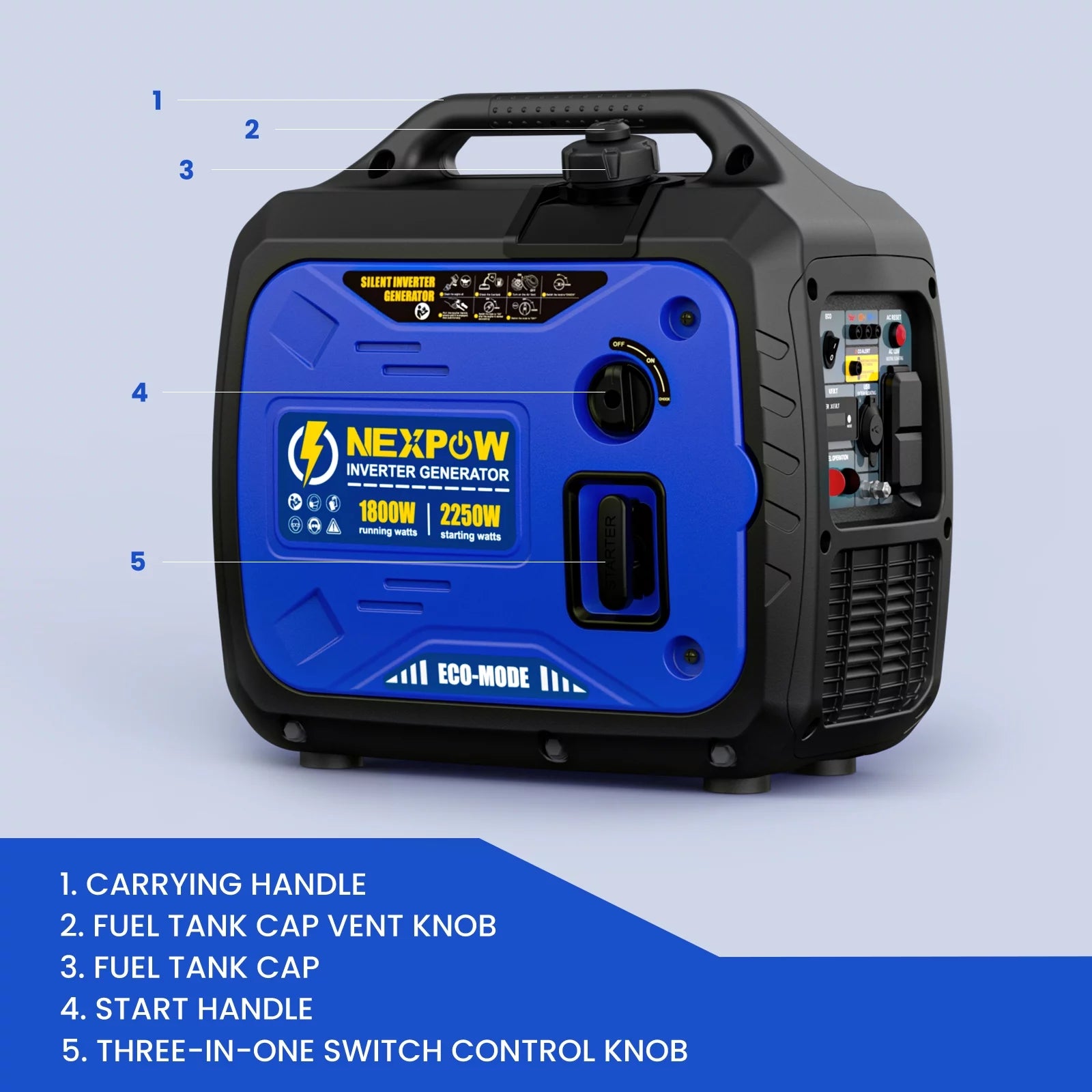 NEXPOW Portable Inverter Generator, 2250W Super Quiet Generator with CO Alarm Ideal,Eco-Mode Feature, Parallel Capability,EPA Compliant,and 5v/3A USB Outle,Lightweight For Backup Home & Camping
