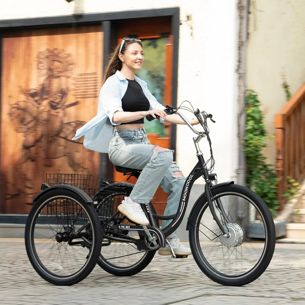 Mooncool 24" 26" 3 Wheel Electric Tricycle for Adults, 350W 36V 7 Speeds Motorized Electric Trike Three Wheel Electric Bikes Bicycle with Large Basket & Accessories for Women Men