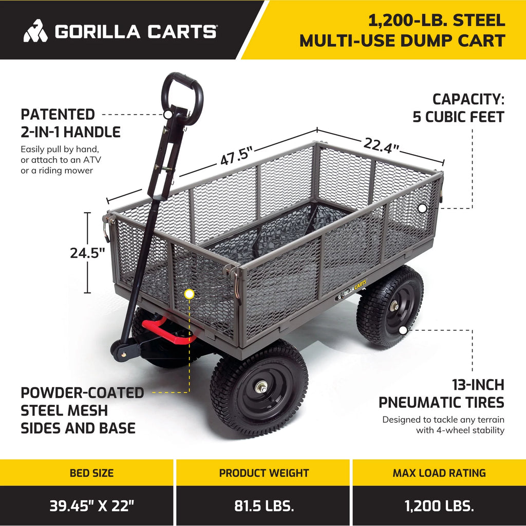 Gorilla Carts Steel Dump Cart Garden Beach Wagon, 1,200Lb Capacity, Gray