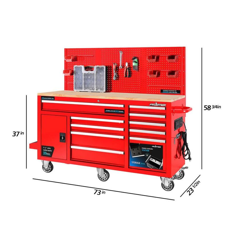Heavy-Duty 62 in. 10-Drawer Red Tool Chest Mobile Workbench Cabinet with Pegboard Back Wall