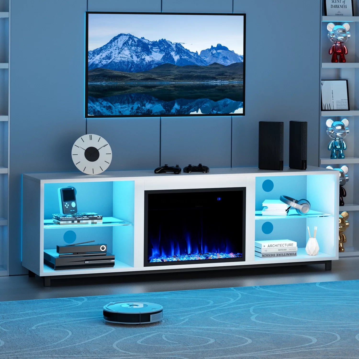 Oneinmil 68'' Fireplace TV Stand for 75'' TV, with 23" Electric Fireplace, LED Light Entertainment Center, White