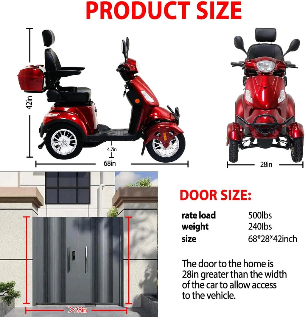 Mobility Scooters 4-Wheel Mobility Scooter Battery Powered Compact Rear Box 360 Degree Adjustable Seat  Red