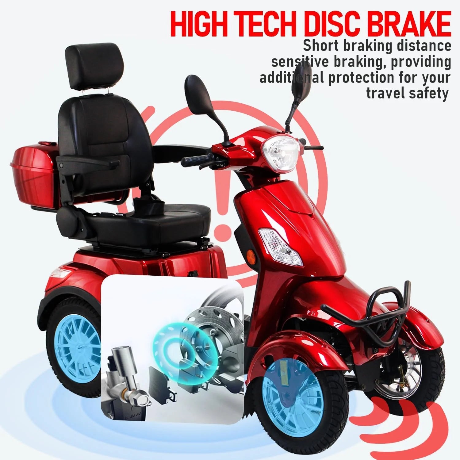 Mobility Scooters 4-Wheel Mobility Scooter Battery Powered Compact Rear Box 360 Degree Adjustable Seat  Red