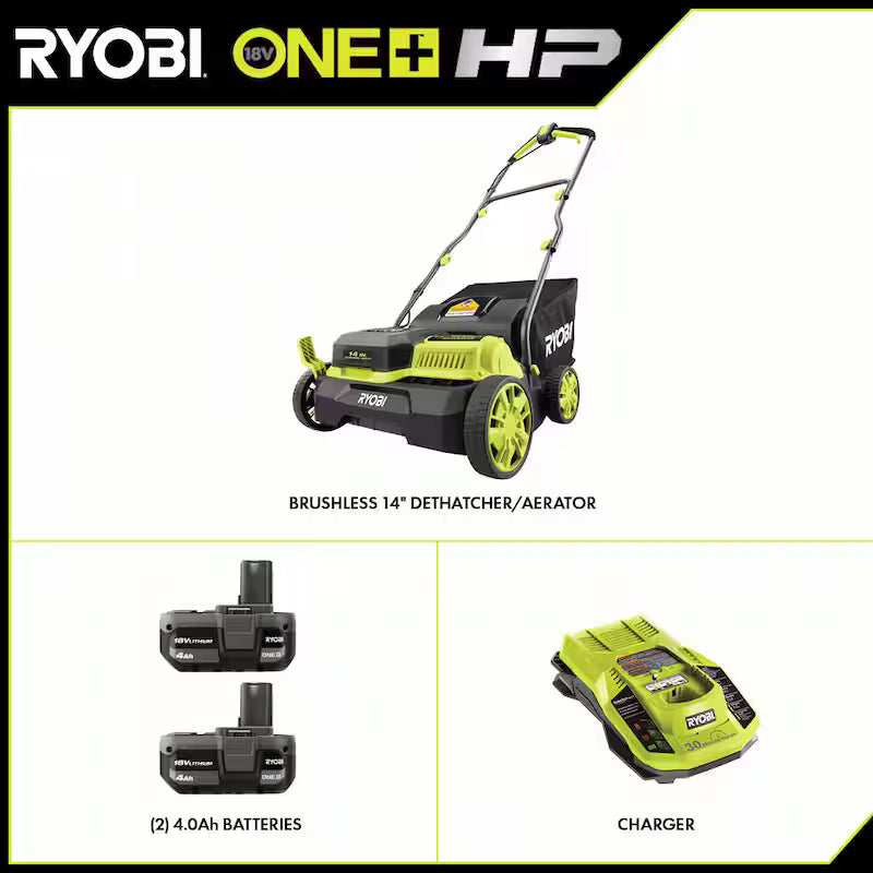 ONE+ HP 18V Brushless 14 in. Cordless Battery Dethatcher/Aerator with (2) 4.0 Ah Batteries and Charger