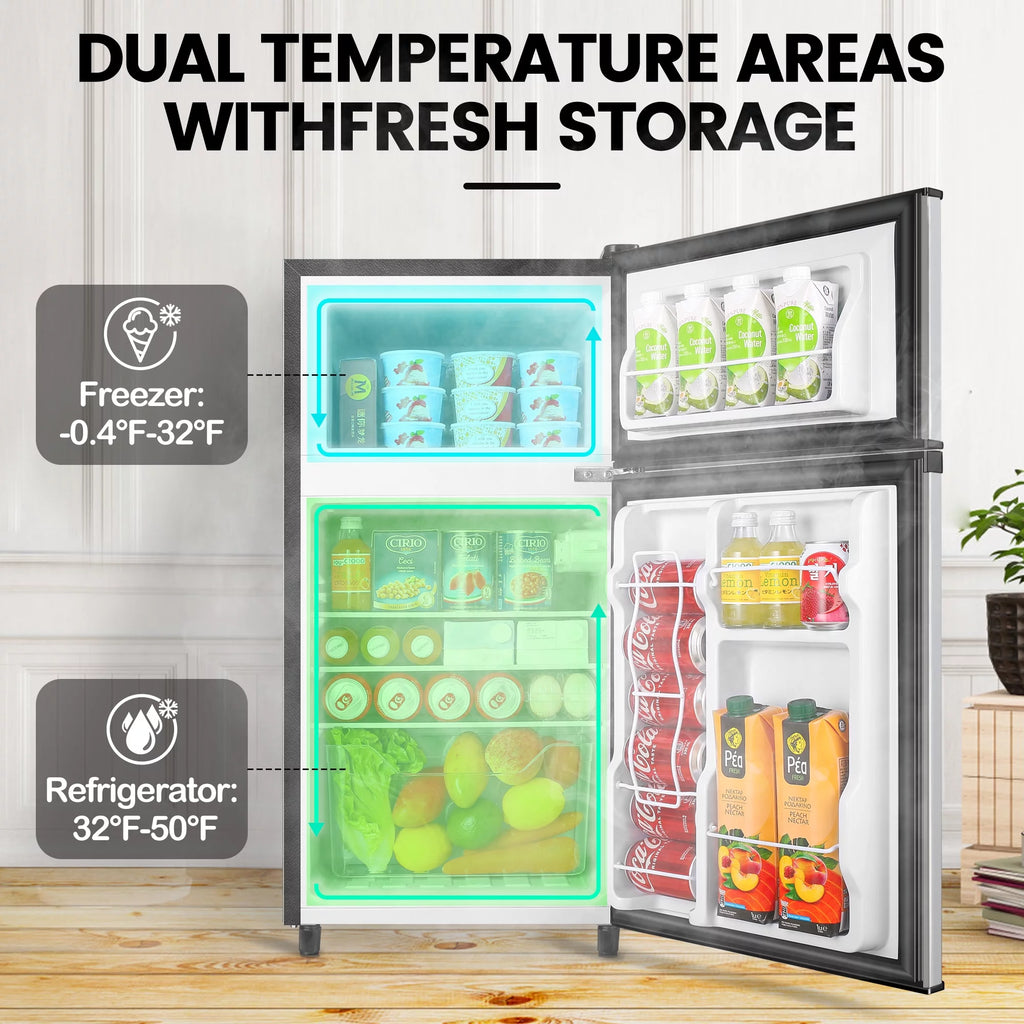 WANAI 3.5 Cu ft Two Door Mini Fridge with Freezer, Silvery