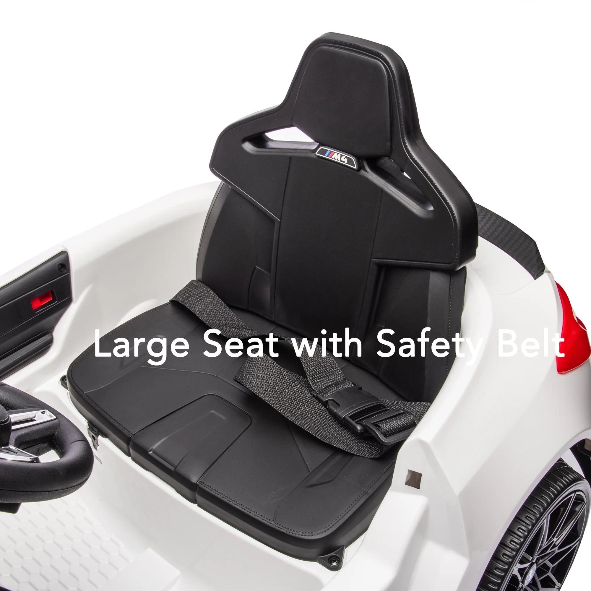 Track 7 12V Ride on Car, Licensed BMW M4 Electric Car, Kids Ride on Car with Remote Control, Bluetooth, Lights, Portable Handle, White