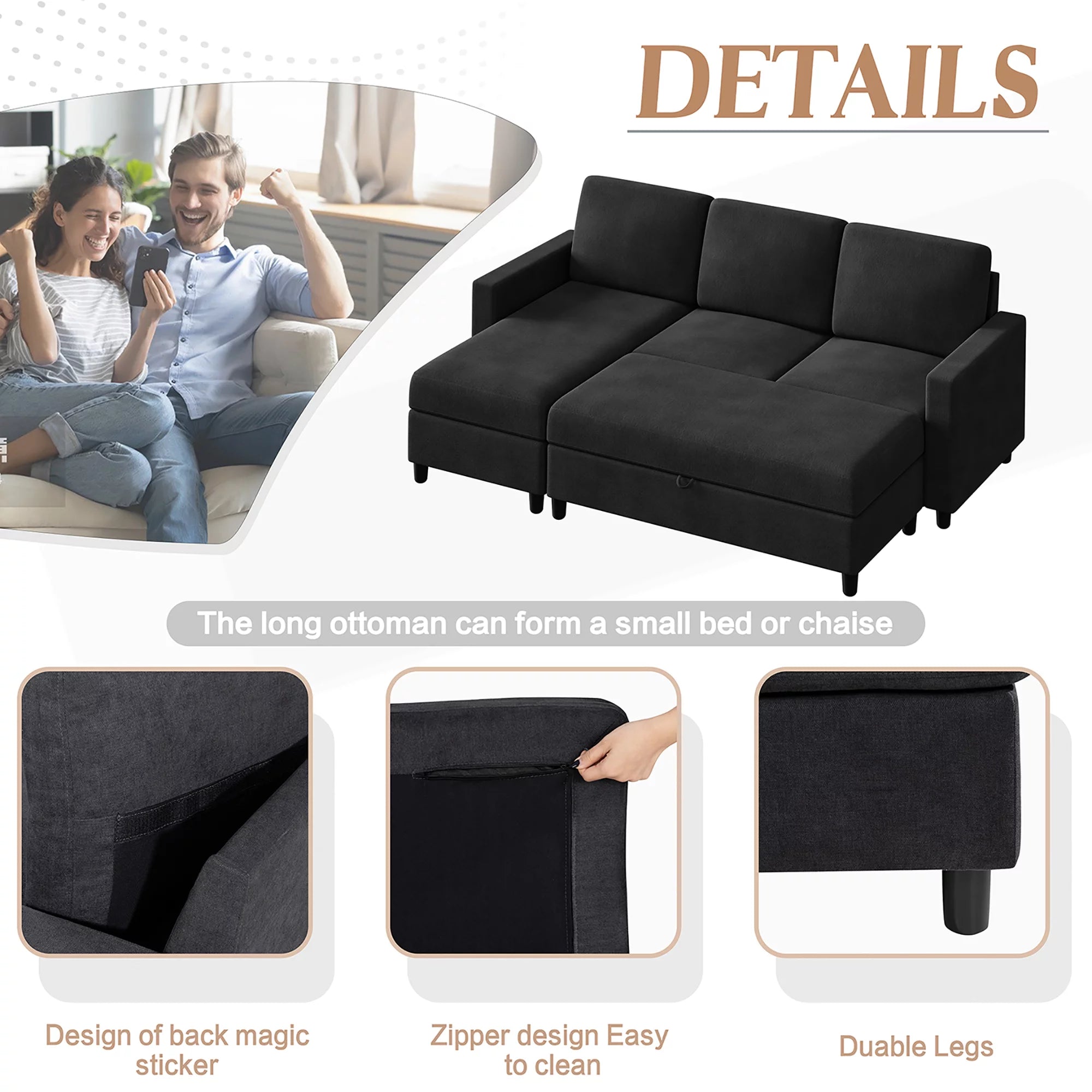 Walsunny Linen Fabric Convertible L-Shaped Sectional Sofa(Dark Gray)